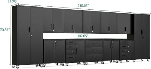 12-Piece Heavy Duty Steel Garage Cabinet System | All-in-One Modular Garage Cabinet Set for Ultimate Workshop Organization | Easy Assembly Garage Storage Cabinets & Tool Bench (Black)