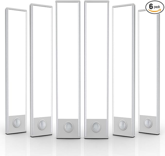 6 Pack Under Cabinet Lighting Wireless, 40 LED Rechargeable Battery Motion Sensor Light Indoor, Stick On Magnetic Closet Lights, Under Counter Lights for Kitchen, Stairs, White 10 in