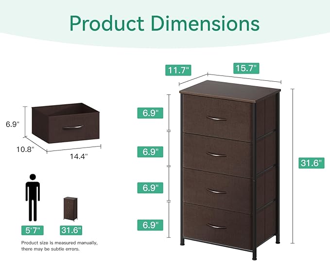 AODK Small Dresser for Bedroom with 4 Storage Drawers, Brown | Dressers Chest of Drawers Fabric Dresser with Sturdy Steel Frame, Dressers for Closet with Wood Top