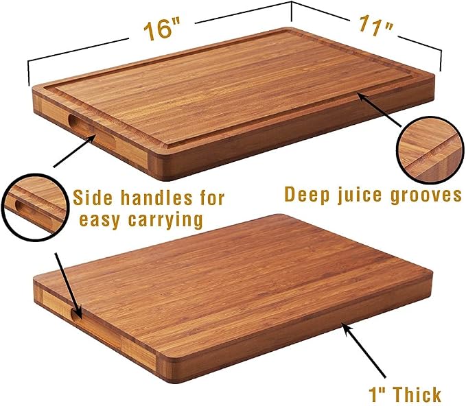 Allsum Bamboo Wood Cutting Board for Kitchen, 1" Thick Butcher Block, Cheese Charcuterie Board, with Side Handles and Juice Grooves, 16x11"