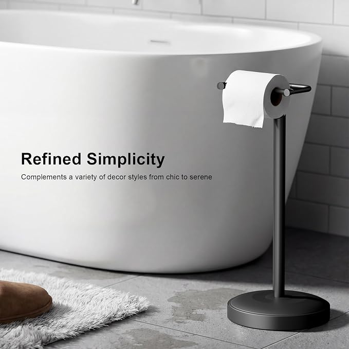Freestanding Toilet Paper Holder Stand, Heavy Duty Matte Black Stainless Steel Toilet Paper Holder with Weighted Base, Rustproof & Tool-Free Installation for Modern Bathrooms