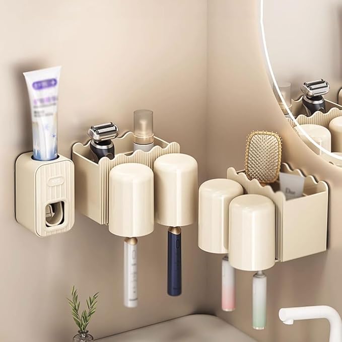Toothbrush Rack Bathroom Cream Toothbrush Holder Wall-Mounted Toothbrush Holder Two-Person Three-Person Toothpaste Storage Rack Bathroom Toothbrush Holder(S14.8cm)