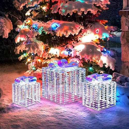 Tangkula Set of 3 Lighted Christmas Iridescent Boxes Decorations