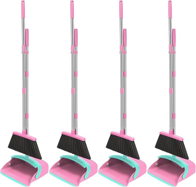 NACENA Broom and Dustpan Set, 52-in Long Adjustable Handle Broom Dustpan Combo with Dustpan Teeth to Automatically Clean Hair Suitable for Home Kitchen Office Hall Floor (Pink&Blue), 4 Pack
