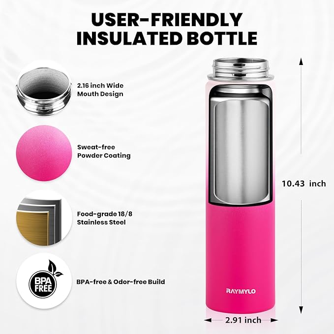 RAYMYLO Insulated Water Bottle 24 oz, Triple Wall Vacuum Stainless Steel (Cold for 24Hrs, Hot for 12Hrs), Leak Proof & Non-BPA, Modern Water Flask Jug with Paracord Handle & Straw Spout Lids