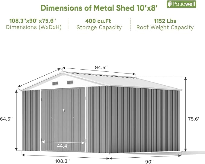 Patiowell Outdoor Storage Shed, 10 x 8 FT, Grey | Large Garden Tool Metal Shed, Sloping Roof, Double Lockable Door, For Backyard Garden Patio Lawn