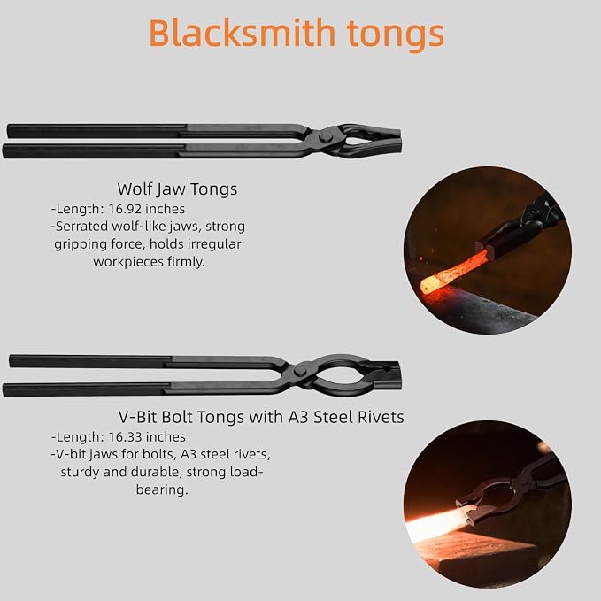 2PCS Blacksmith Tools Set - Wolf Jaw & V-Bit Tongs with Hammer, A3 Steel Rivets, Assembled High Carbon Steel Forging Kit for Knife Making