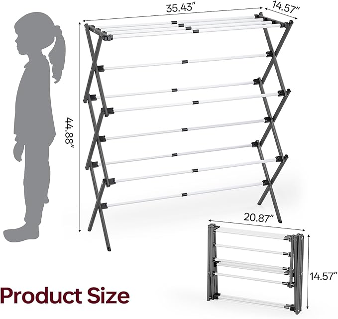 APEXCHASER Large Clothes Drying Rack, Metal Expandable Laundry Rack, 44.88" Height, Adjustable Width 20.87-35.43in, Space Saving Foldable, Indoor Outdoor Use for Laundry, Towels, Shoes, Grey White