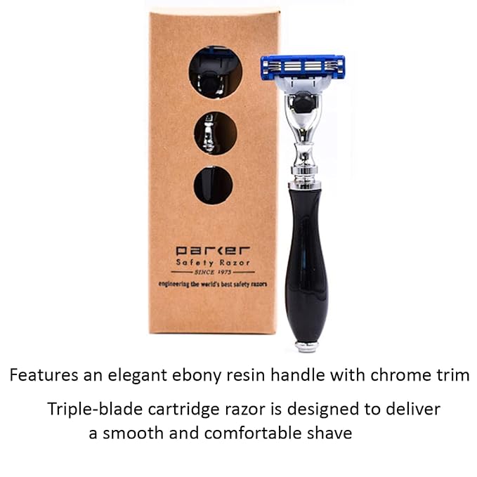 Parker Deluxe Gillette Mach 3 Compatible Razor For a Close Shave – Premium Black Resin Handle with Chrome Trim – One Gillette Mach 3 Triple Blade Cartridge Included