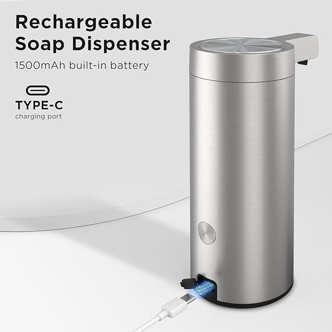 Newise Automatic Soap Dispenser - 9 oz, Rechargeable Touchless Liquid Soap for Kitchen and Bathroom with 3 Adjustable Dispensing Modes, Stainless Steel