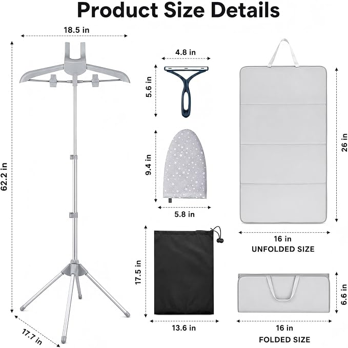 Foldable Garment Steamer Hanger Stand with Ironing Gloves, Adjustable Steamer Rack Included Lint Remover & Storage Bag, 2 Clips&Portable Ironing Board for Suits Shirts Coats Portable Travel Home Use