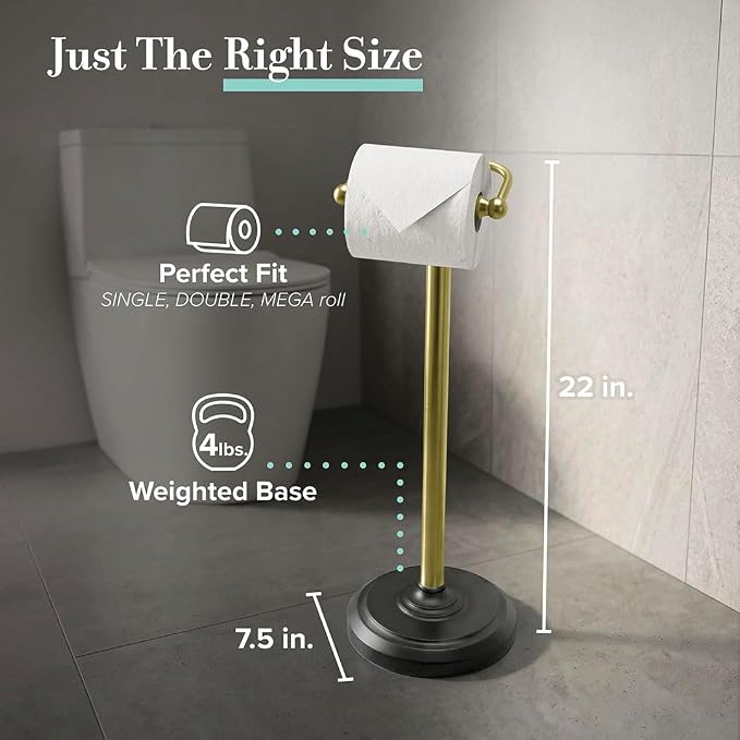 Gatco 1436MXB, Freestanding Toilet Paper Holder, 22” H, Matte Black Polished Brass/Floor Standing Weighted Base Toilet Paper Holder Stand
