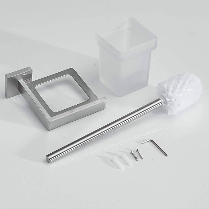 Toilet Brush and Holder Set, NEWRAIN 304 Stainless Steel Wall Mounted Toilet Brush with Long Brush Handle, Brushed Nickel Toilet Scrubber, Glass Canister