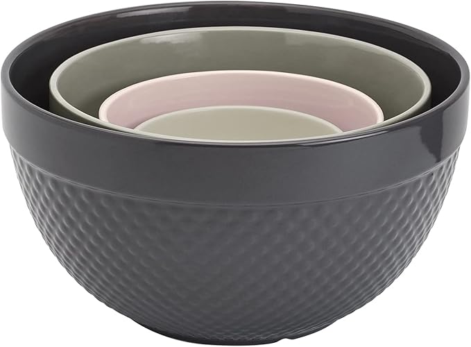 Tabletops Gallery Hobnail Style 4 Piece Timeless Grey Stoneware Nesting Mixing Bowl Set for Baking and Cooking