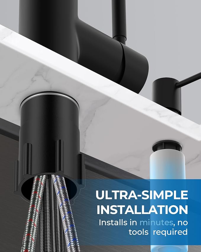 WEWE Kitchen Faucet with Soap Dispenser and Pull Down Sprayer, RV Single Handle Classic 3 Modes Stainless Steel Faucet for Kitchen Sink, RV, Matte Black