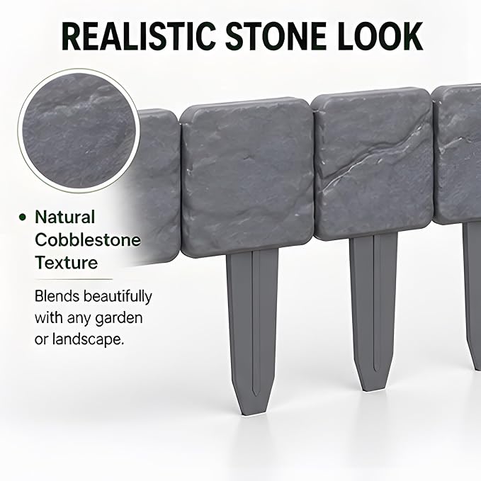 Imitation Stone Garden Fence No Dig Landscape Edging Faux Stone Garden Border Plastic Pound in Edging for Landscaping Flower Beds Yard Decorative Artificial Rock Edgers Bricks (10, Grey)