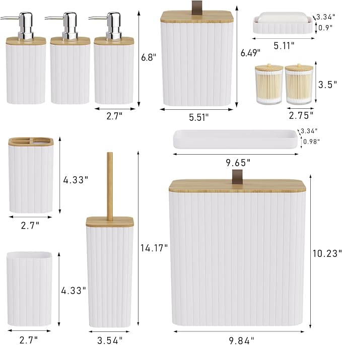 Bathroom Accessory Set - White Bathroom Set, 12PC Bathroom Accessories Set, White Bathroom Accessories Set, Mini Trash Can, Toilet Brush, Trash Can & Soap Dispenser