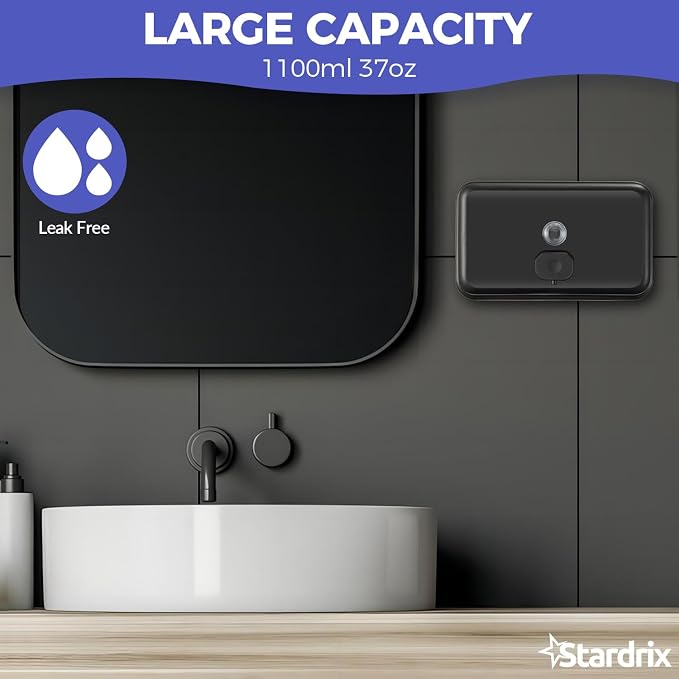Stardrix Matte Black Stainless Steel Horizontal 1100ml/37oz Capacity Commercial-Grade Soap Dispenser, Wall-Mounted Bathroom Hand Soap Dispenser with Corrosion-Proof Lining and Anti-Leak Pump