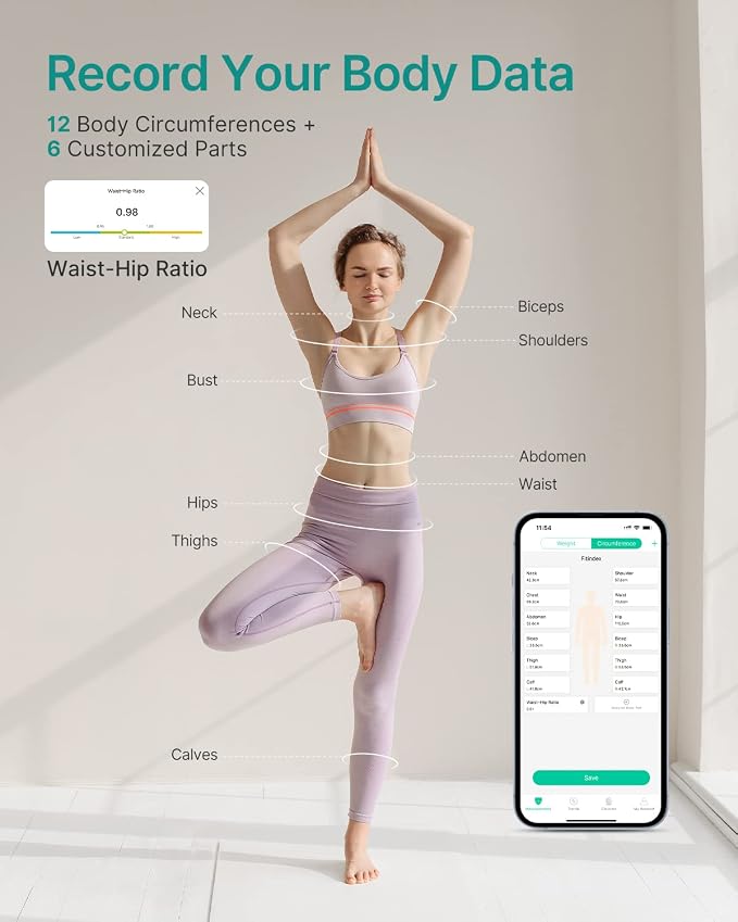 FITINDEX Smart Scale and Tape Measure, Digital Bathroom Scale & Body Tape Measure Sync with APP, Bluetooth Weighing Machine, Body Composition Analyzer, for Health Care