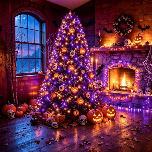 KNONEW Orange Purple Halloween Lights Outdoor 99FT 300 LED String Lights