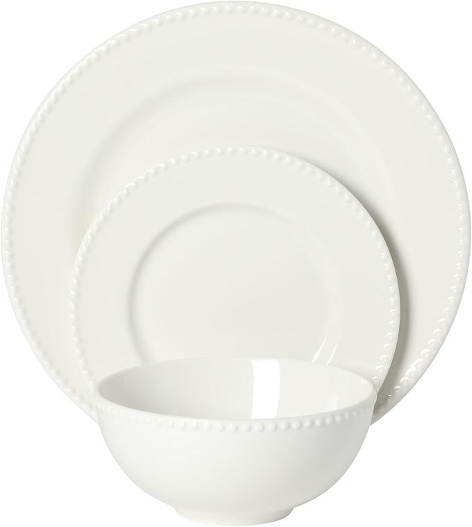 Gibson Home Caviara Plates and Bowls Set, 12-Piece Dinnerware Set, White Round Beaded Rim Ceramic Dish Set, Dinner Plates, Salad Plates & Cereal Bowls