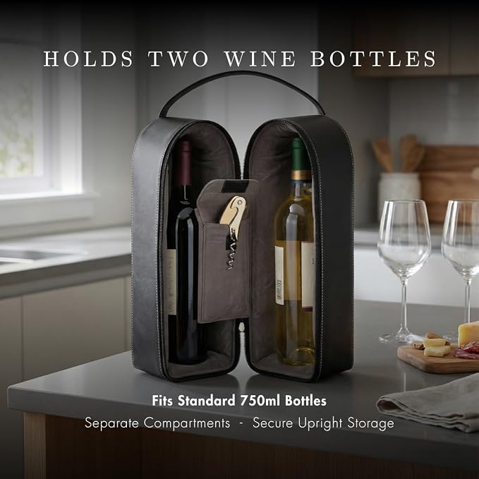 Bey-Berk Genuine Leather Two-Bottle Wine Caddy with Bar Tool (Black), Zippered Travel Case with Strap Handle for Wine Transport and Gifting