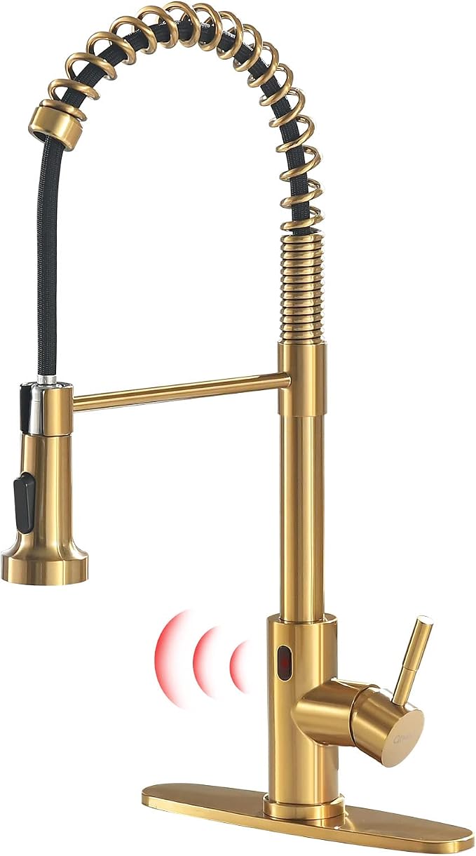GIMILI Gold Touchless Faucet with Pull Down Sprayer, Motion Sensor Smart Activated Single Hole Spring Faucet for Kitchen Sink