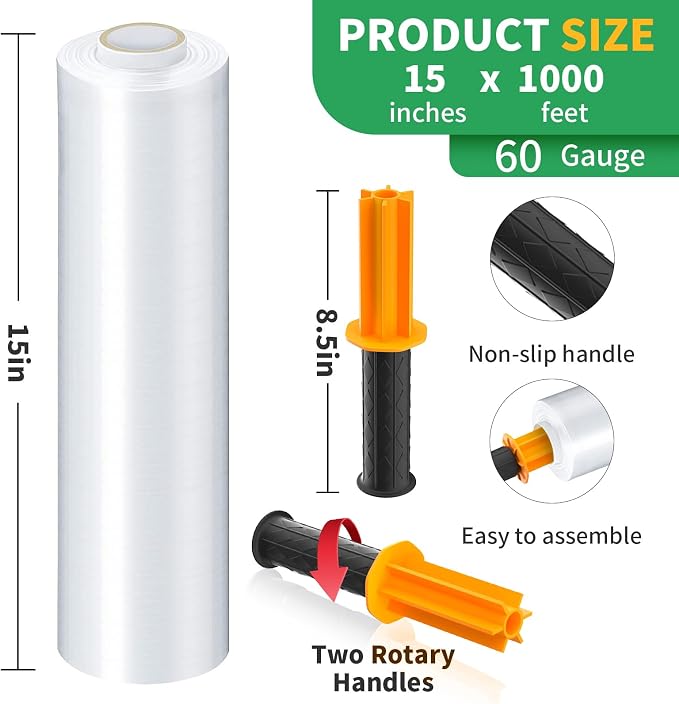 Stretch Film, HERKKA Stretch Wrap with Handles Industrial Strength, Moving Wrapping Plastic Roll, Shrink Wrap for Pallet Wrap, 15" x 1000 Feet, 1 Pack, 60 Gauge