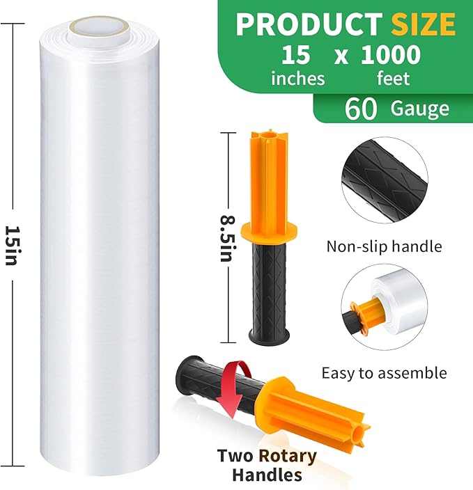 Stretch Film, HERKKA Stretch Wrap with Handles Industrial Strength, Moving Wrapping Plastic Roll, Shrink Wrap for Pallet Wrap, 15" x 1000 Feet, 2 Pack, 60 Gauge