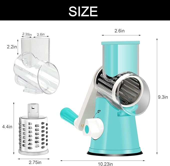 Cambom Rotary Cheese Grater Hand Crank Cheese Shredder for Fresh Cheese, Vegetable, Nuts,Non-slip Suction Base，Three Blades,Blue