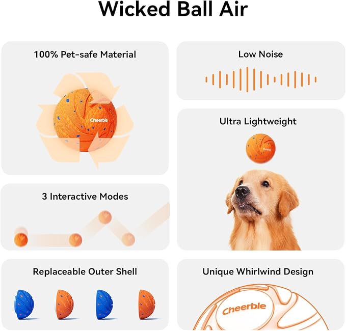 Cheerble Smart Interactive Dog Toy, Wicked Ball AIR, Automatic Moving, Bouncing, Rotating, IPX7 Waterproof Rating, Active Rolling Ball for Puppy, Medium and Large Dogs