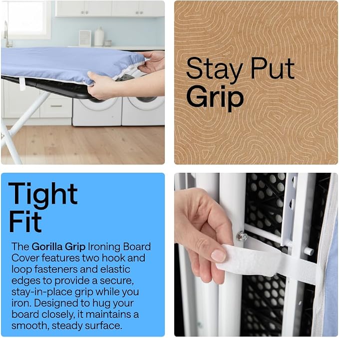 GORILLA GRIP The Original Ironing Board Cover and Pad, Silicone Coating, 400°F Scorch Resistant Thick Padding, Heavy Duty Iron Covers Standard Boards, Hook and Loop Fastener Strap, Blue 13x43