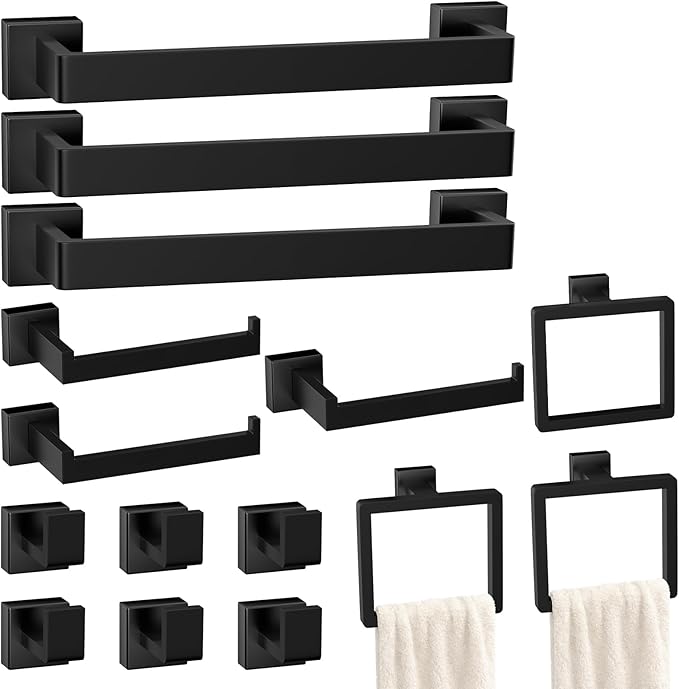 Bathroom Accessories Towel Bar Set: 15 Pieces Matte Black Bathroom Hardware Square SUS304 Stainless Steel - Wall Mounted Towel Rack&Toilet Paper Holder&Towel Ring and Towel Hook