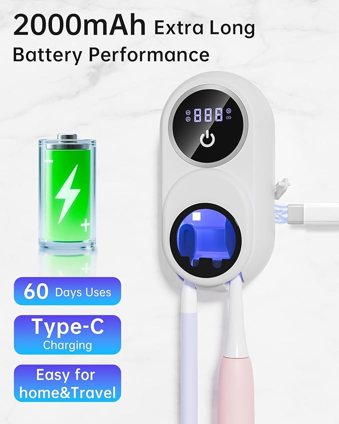 Toothbrush Holder & Toothbrush Cleaner, Fan & Heat Drying, LED Smart Screen, Wall Mounted Tooth Brush Holder for Bathrooms (White+Black)