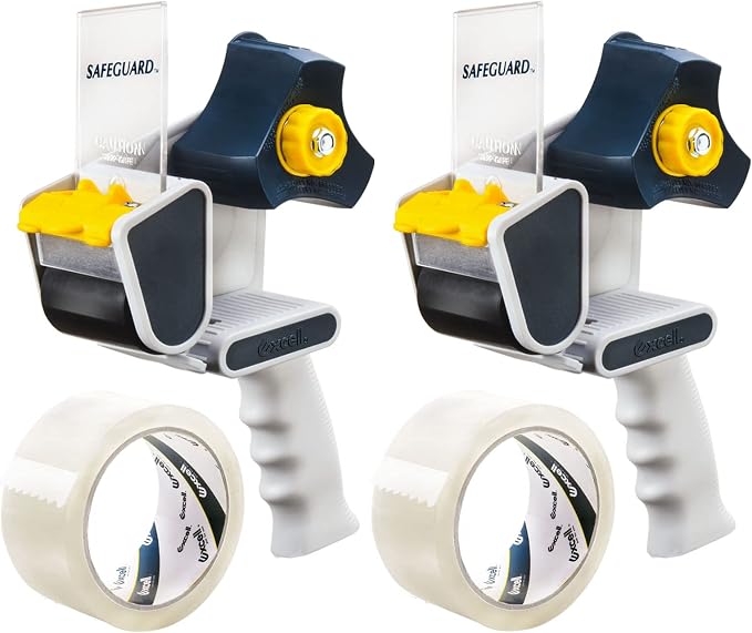 Excell EC-206 Safeguard Packing Tape Dispenser, 2" Wide, 3" Core, 2 Pack | Retractable Blade Cover for Safety, one-Hand use. Ideal for Shipping and Carton Sealing - Includes Tape Roll