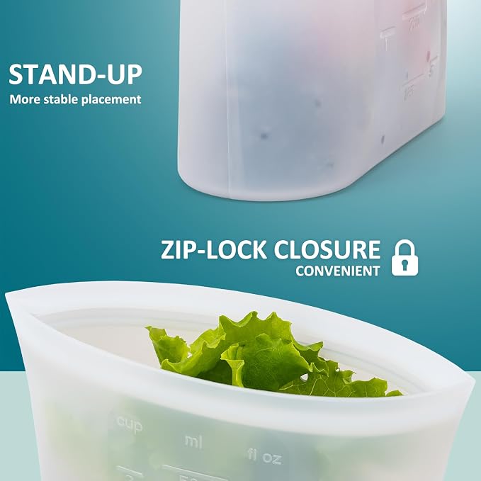 XS Reusable Silicone Food Storage Bags 4 Pack, 16fl oz/500ml, 100% Silicone Stand-Up Wide-Open Zip-Lock Reusable Bags for Small Items, Microwave Freezer Oven Dishwasher Safe, Translucent