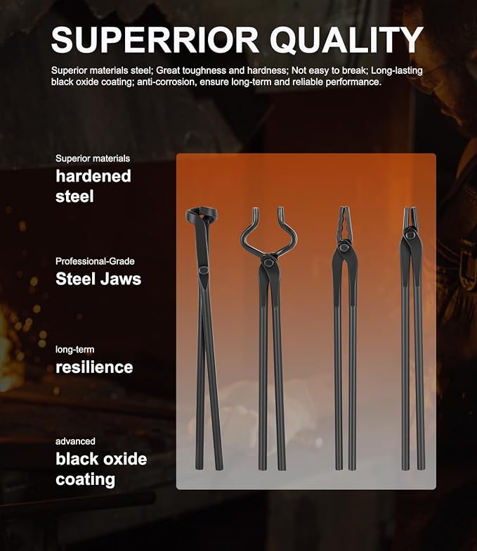 Blacksmith Tongs Set Knife Making Forge Tongs for Bladesmithing & Blacksmithing - 4 Tongs Tool Kit