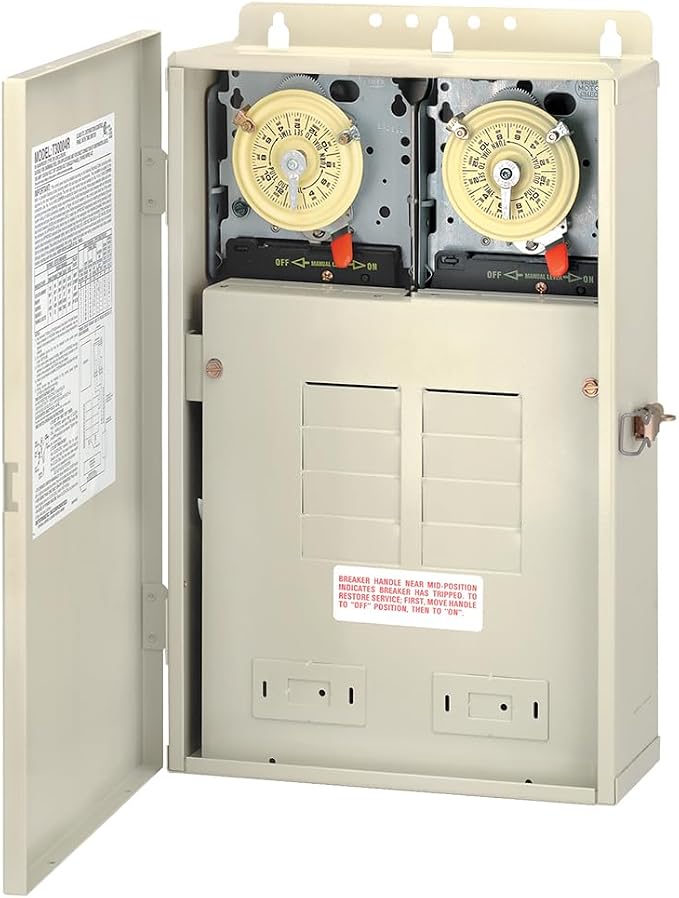 Intermatic T30404R Pool/Spa Control Panel, 100 Amp Load Center with Two T104M 24-Hour Timer Mechanisms, 8 Breaker Spaces, Raintight Outdoor Metal Enclosure