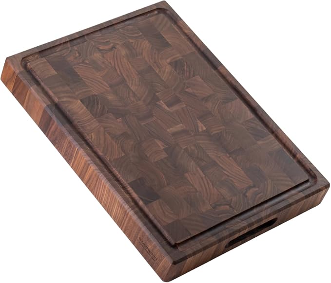 muso wood End Grain Cutting Board, Black Walnut Wood, 2" Thick Dual-Sided Wooden Chopping Board with Juice Groove & Handle - Idea for meat cutting, vegetable dicing, and fruit processing, 16 x 12 inch
