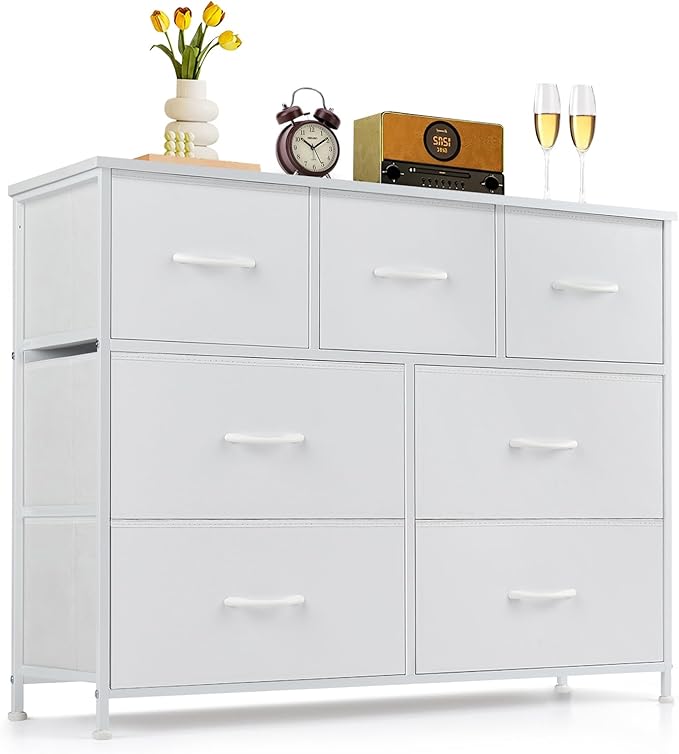 7-Drawer Dresser for Bedroom, Anti-Tip Wide Storage Organizer Fabric Chest of Drawers TV Stand for 45" TV with Wooden Top and Metal Frame for Closet, Living Room, Hallway, Entryway, White