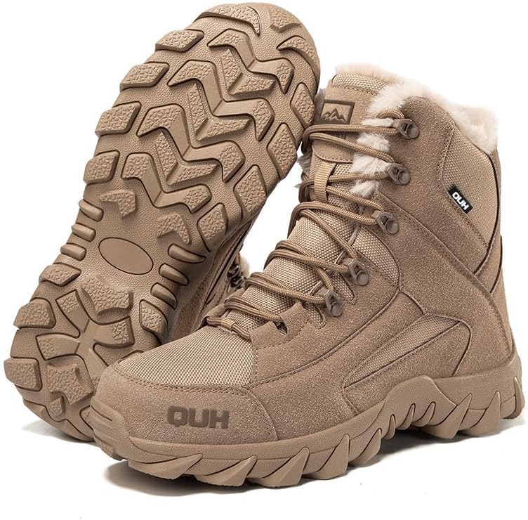 QUH Winter Snow Boots Waterproof Military Training Fur Lined Anti Slip Warm Boots Thickened Cotton Walking Ankle Boots For Man