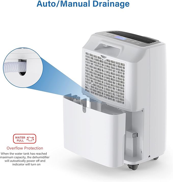 Yaufey 2500 Sq. Ft. Dehumidifier for Home and Basements with Auto or Manual Drainage, 0.48 Gallon Water Tank, Low Noise and 24H Timer