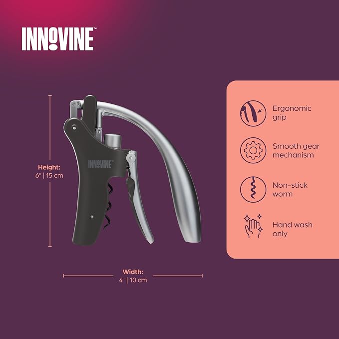 Innovine Vertical Corkscrew Wine Opener with Easy Motion Lever Handle, Heavyweight and Durable Construction for Home Bar, Kitchen, Outdoor Party, Housewarming Gifts, Travel, Set of 1, Black