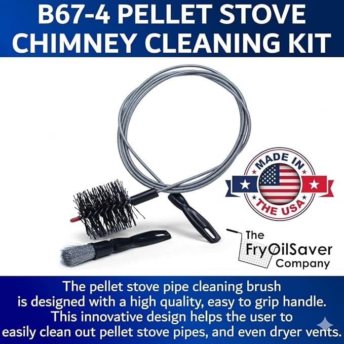 Pellet Stove & Dryer Vent Cleaner Kit – 4 inch Head and 10 ft Long Steel Flexible Brush for Fireplace Chimney, Ash, Lint & Soot Buildup Removal - Pellet Stove Cleaning Kit by FryOilSaver B67-4