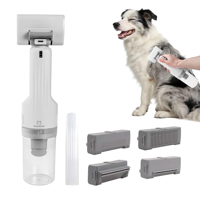 Deshedding Brush with Vacuum Suction, 5-in-1 Pet Hair Removal Tool for Dogs Cats, Cordless Undercoat Rake Removes Loose Hair, 9Kpa Pet Vacuum Cleaner for Furniture Carpet (white bag)