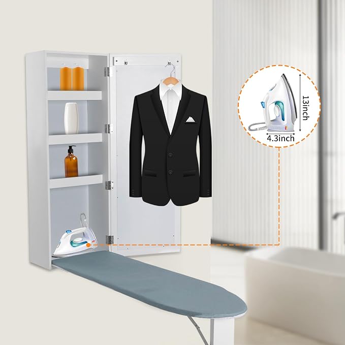 Wall Ironing Board Cabinet Built-in 35" L Ironing Board Fold Down Ironing Board Cabinet with Storage Cabinet, Mirrors, Support Table for Home Apartment, White 14" L x 6.9" W x 37.4" H