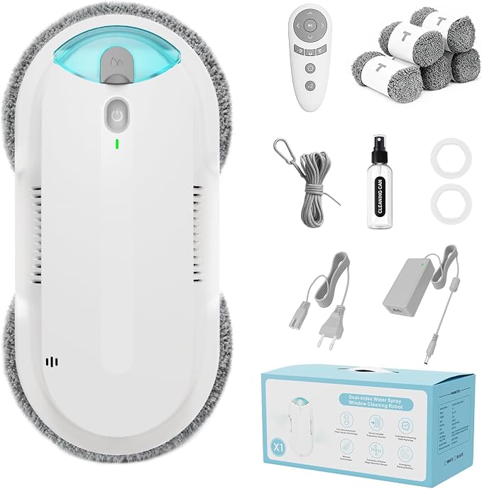 Window Cleaning Robot - Double Helix 4800-6400Pa Suction, Dual Ultrasonic Spray, 85ml Tank, Edge Detection, Anti-Drop, 3 Cleaning Modes for Streak-Free Glas (White)