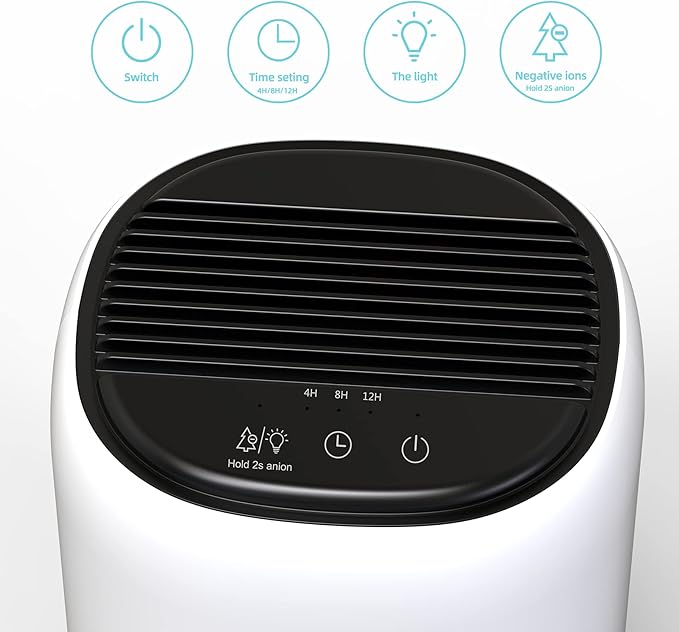 Small Dehumidifiers for Bedroom w/Air Purifying Function, 1000 ml/35 oz for 2500 Cubic Feet (260 sq ft) with 7 Colorful LED Lights Timer Set Negative Ions Below 30 dB, Auto Shut-Down