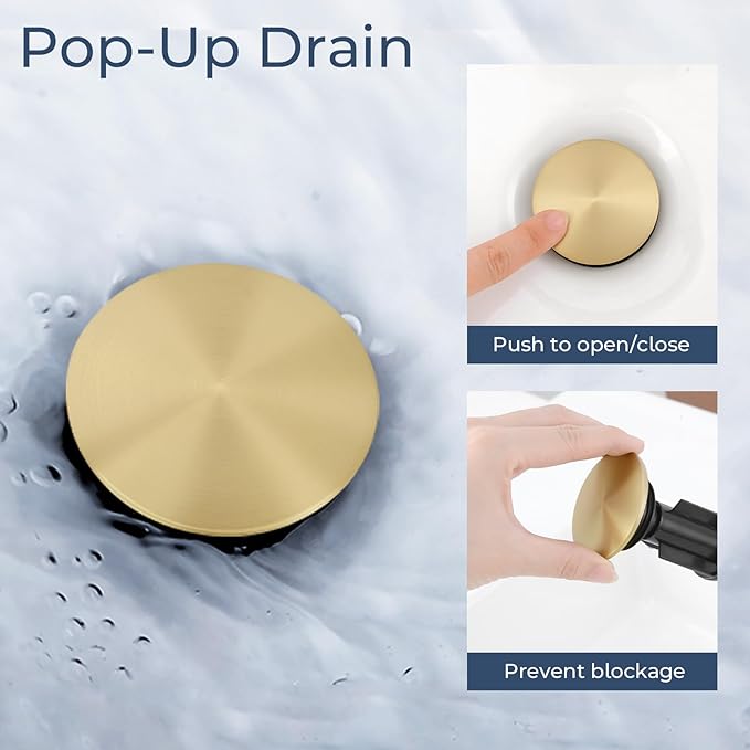 Bathroom Faucet 3 Hole, Brushed Gold Bathroom Sink Faucet with Pop Up Drain, 8 inch Widespread Bathroom Faucet with 360° Swivel Spout, 2 Handle Vanity Faucet with Water Supply Hoses