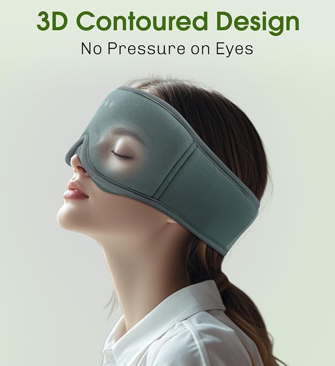 Bamboo Cotton Large Sleep Mask with Bluetooth Wireless Headphones - Blackout Eye Mask for Sleeping 3D Contoured Sleep Eye Cover Headband Ear Plugs Low Noise Hook for Men Women Better Experience (Grey)
